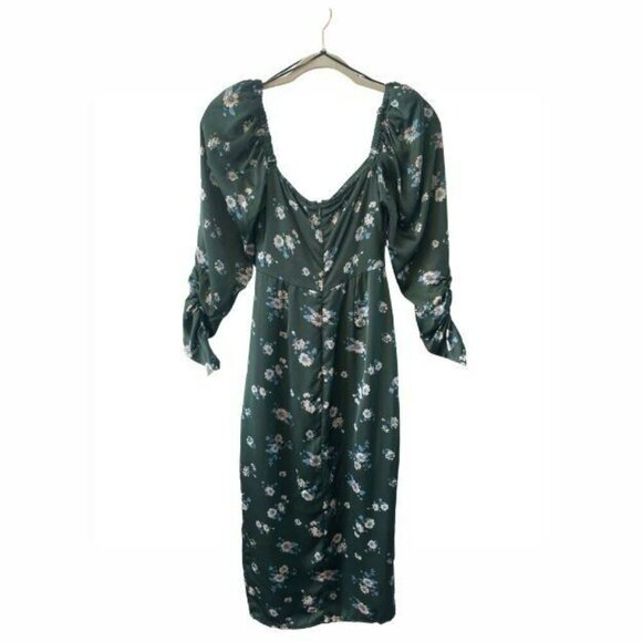 Astr The Label Green Floral Ruched Long Sleeve Midi Dress XS Slit lined Bra NWOT - Picture 2 of 8